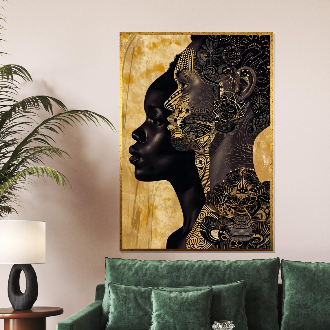 Black and Gold African Woman Silhouette Patterned Beauty Wall Art