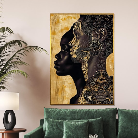Black and Gold African Woman Silhouette Patterned Beauty Wall Art