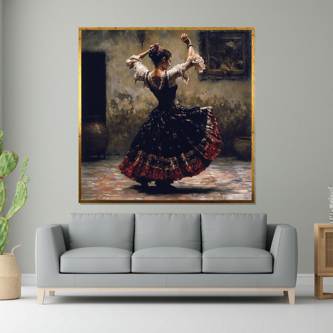 Flamenco Dancer Swirling Traditional Spanish Dress Dark Room Poster