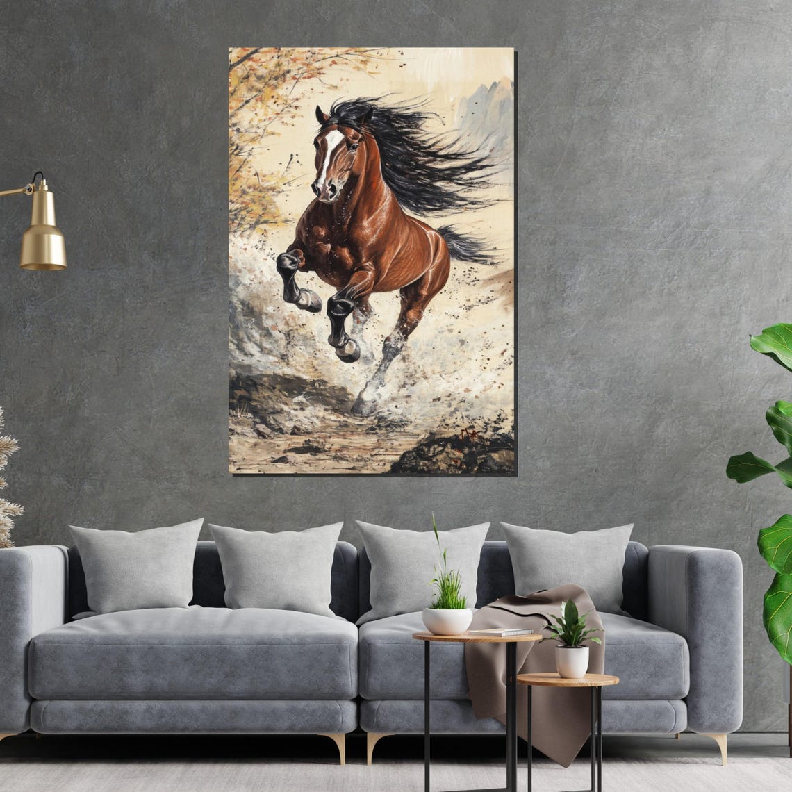 Brown Horse Galloping Autumn Trees Splash Dynamic Equine Art Poster - Image 2