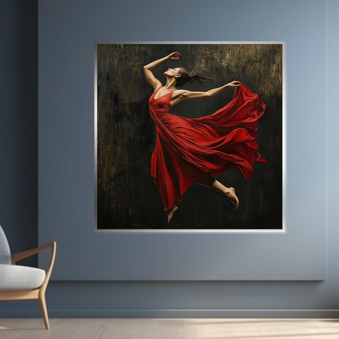 Woman Flowing Red Dress Twirling Dark Stage Motion Art Poster - Image 4