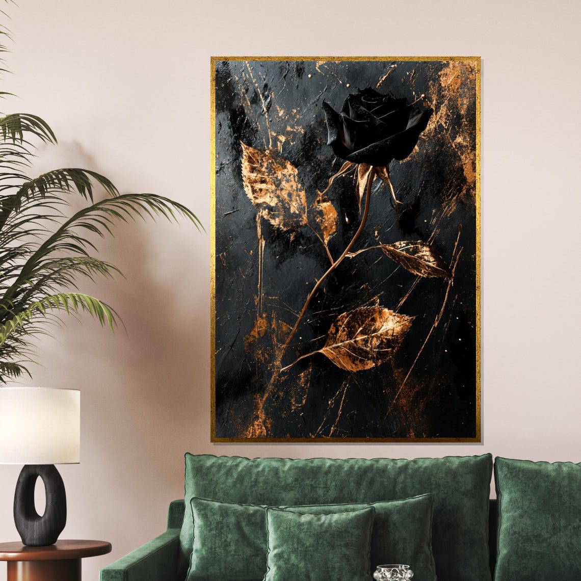 Black Rose Golden Leaves Dark Moody Dramatic Floral Art Poster