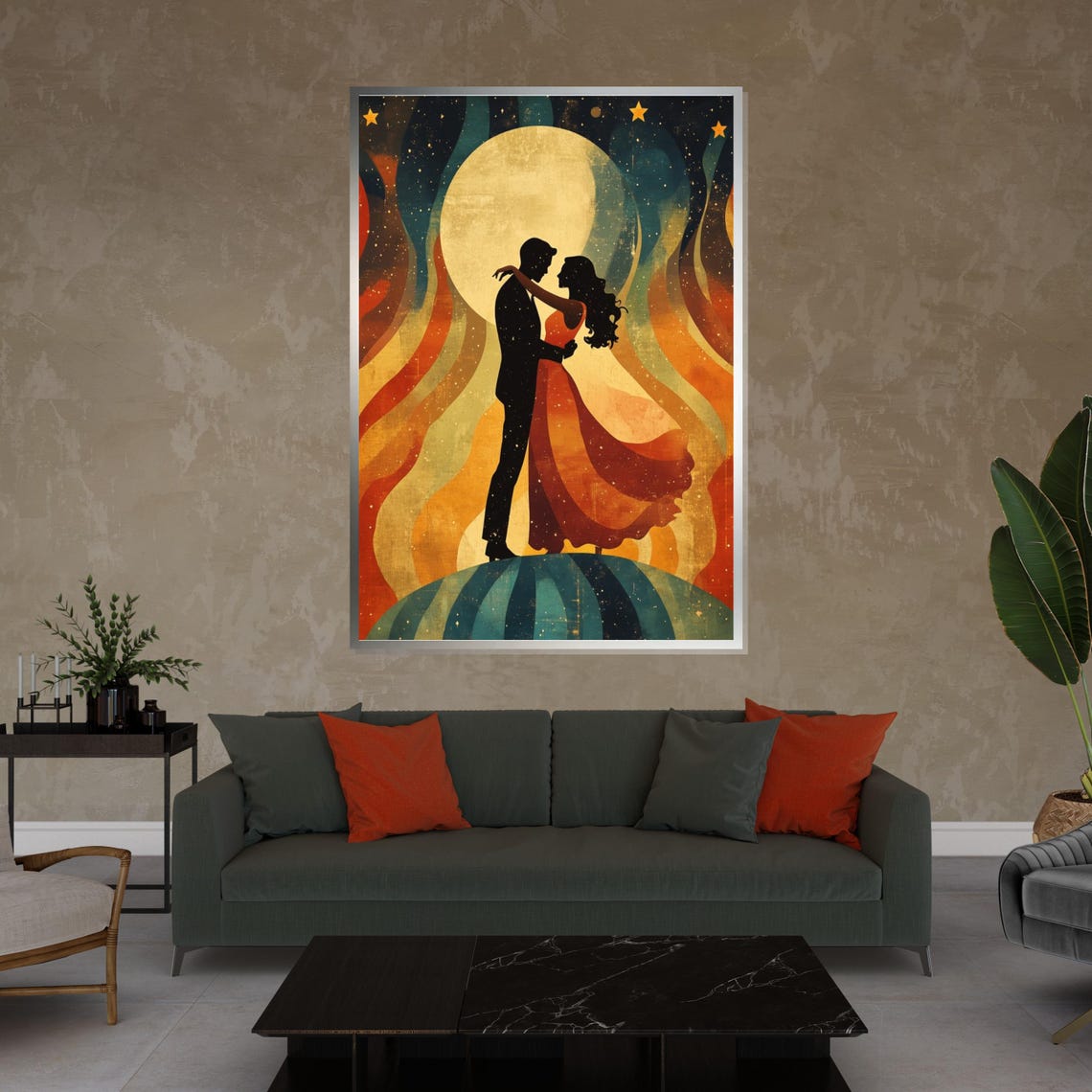 Lovers Silhouette Under Full Moon Retro Boho Romance Art Poster - Image 4