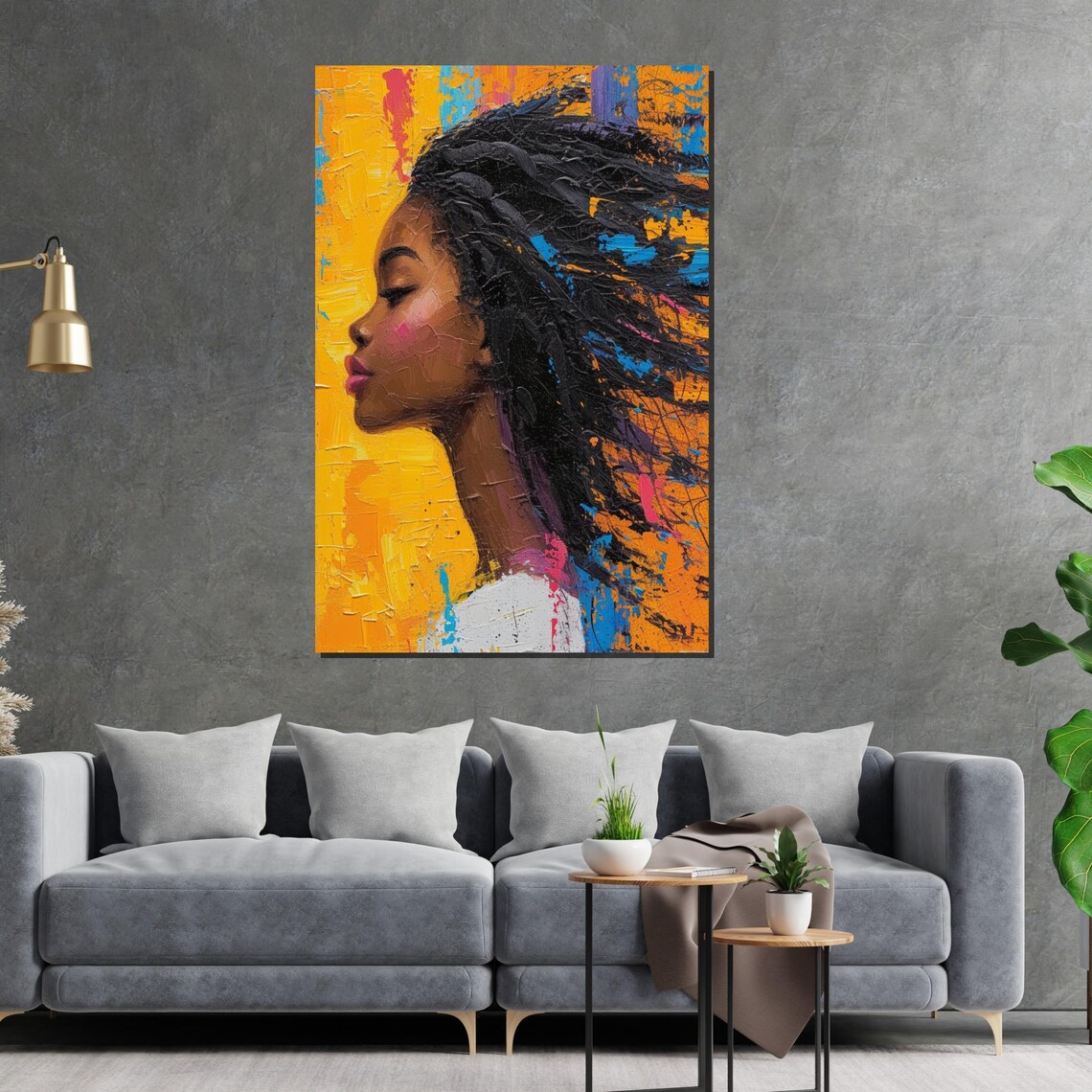 Vibrant Black Woman Profile Flowing Hair Golden Background Art Poster - Image 2
