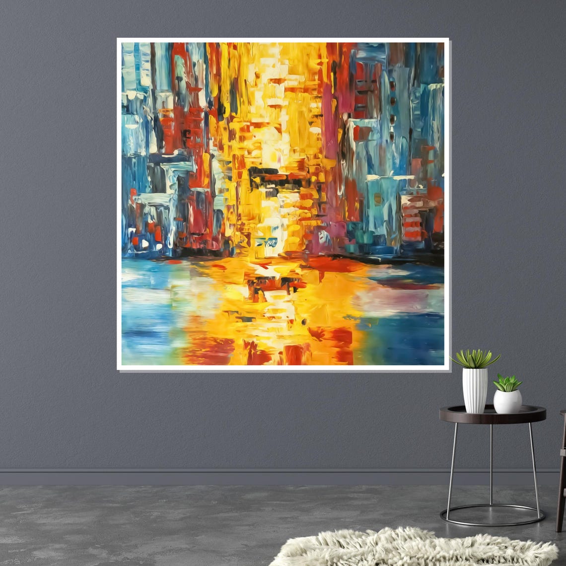Vibrant Golden Cityscape Night Reflection Colorful Impasto Print - Image 3