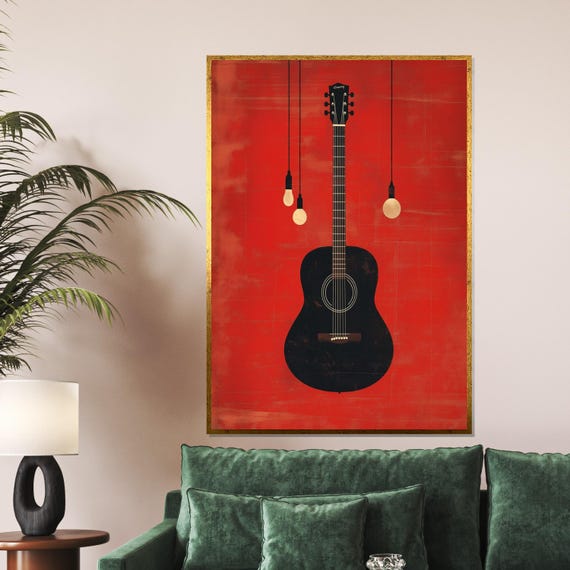 Guitar Silhouette Music Wall Art Red Background Poster Musical Instrument Design Ready To Hang Home Decor