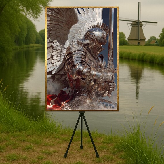 Angel Knight In Silver Armor With Wings Epic Fantasy Wall Art