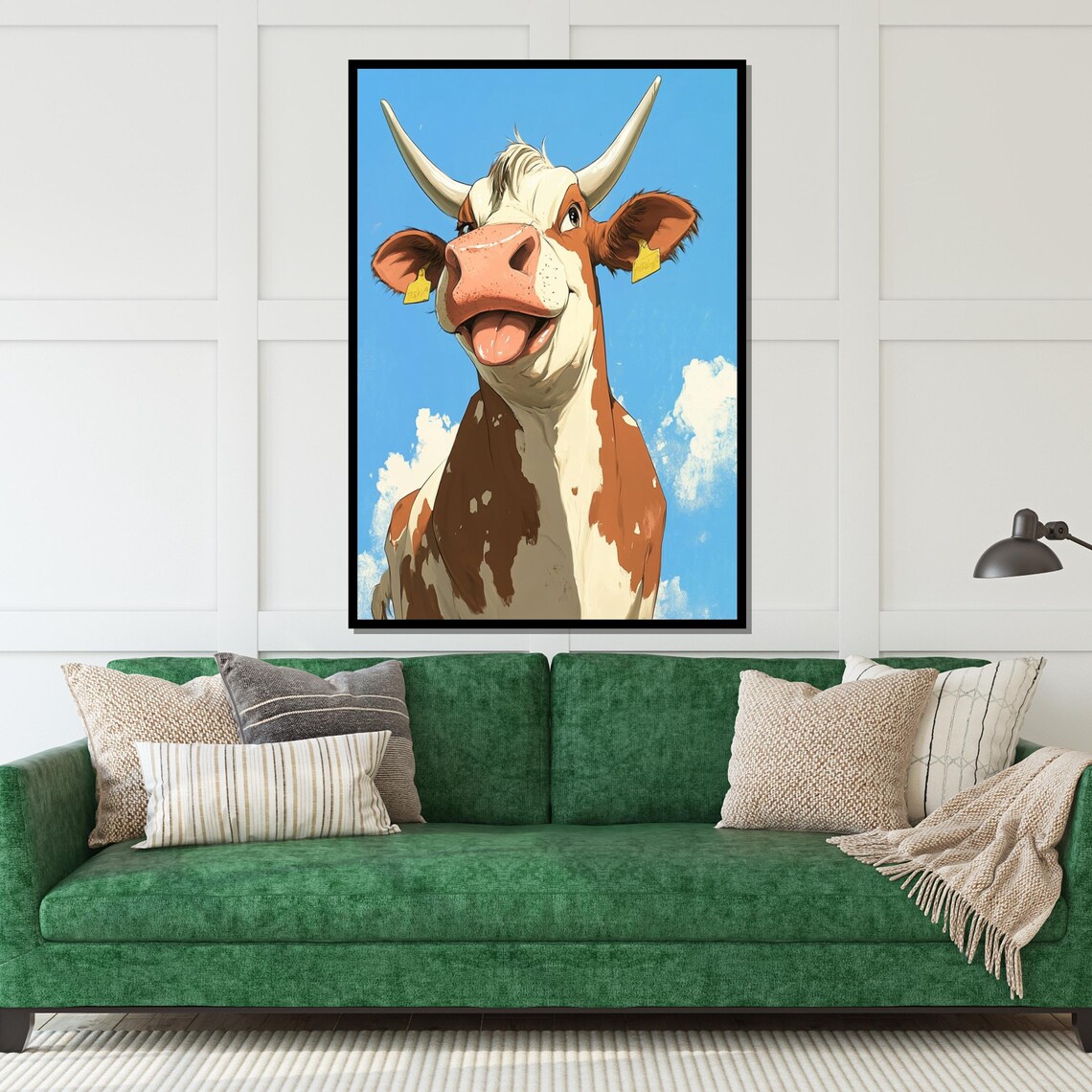 Smiling Cartoon Cow Bright Blue Sky Funny Farm Animal Art Poster - Image 5