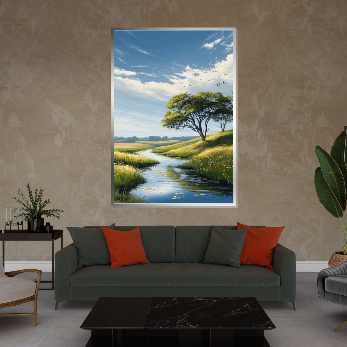Tranquil River Meadow With Lone Tree and Birds Nature Poster - Image 4