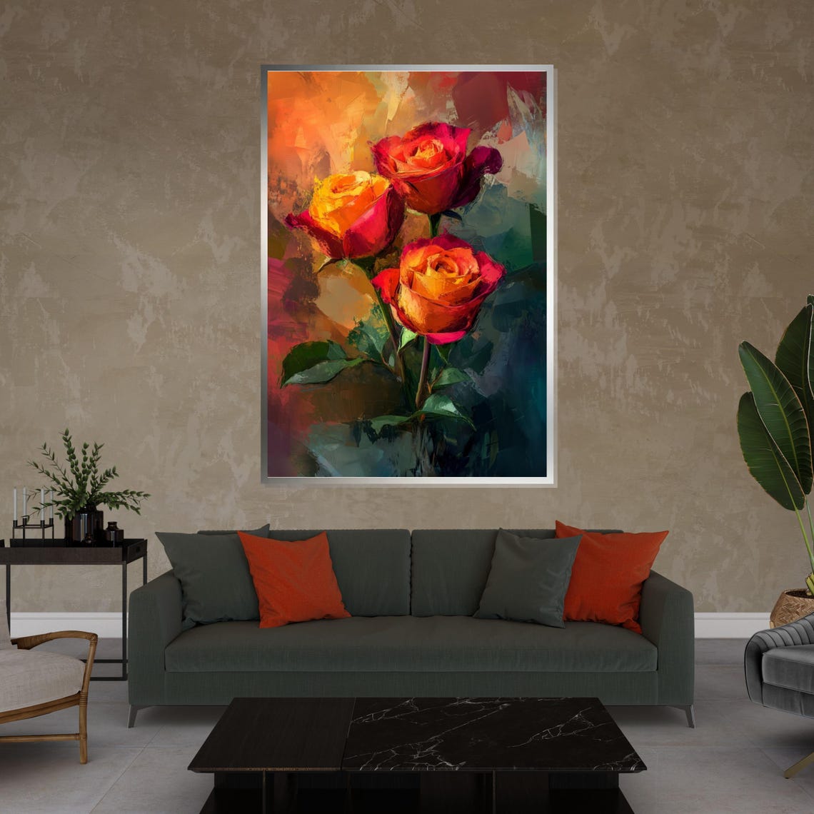 Three Fiery Red Roses Impressionist Flower Painting Art Poster - Image 4