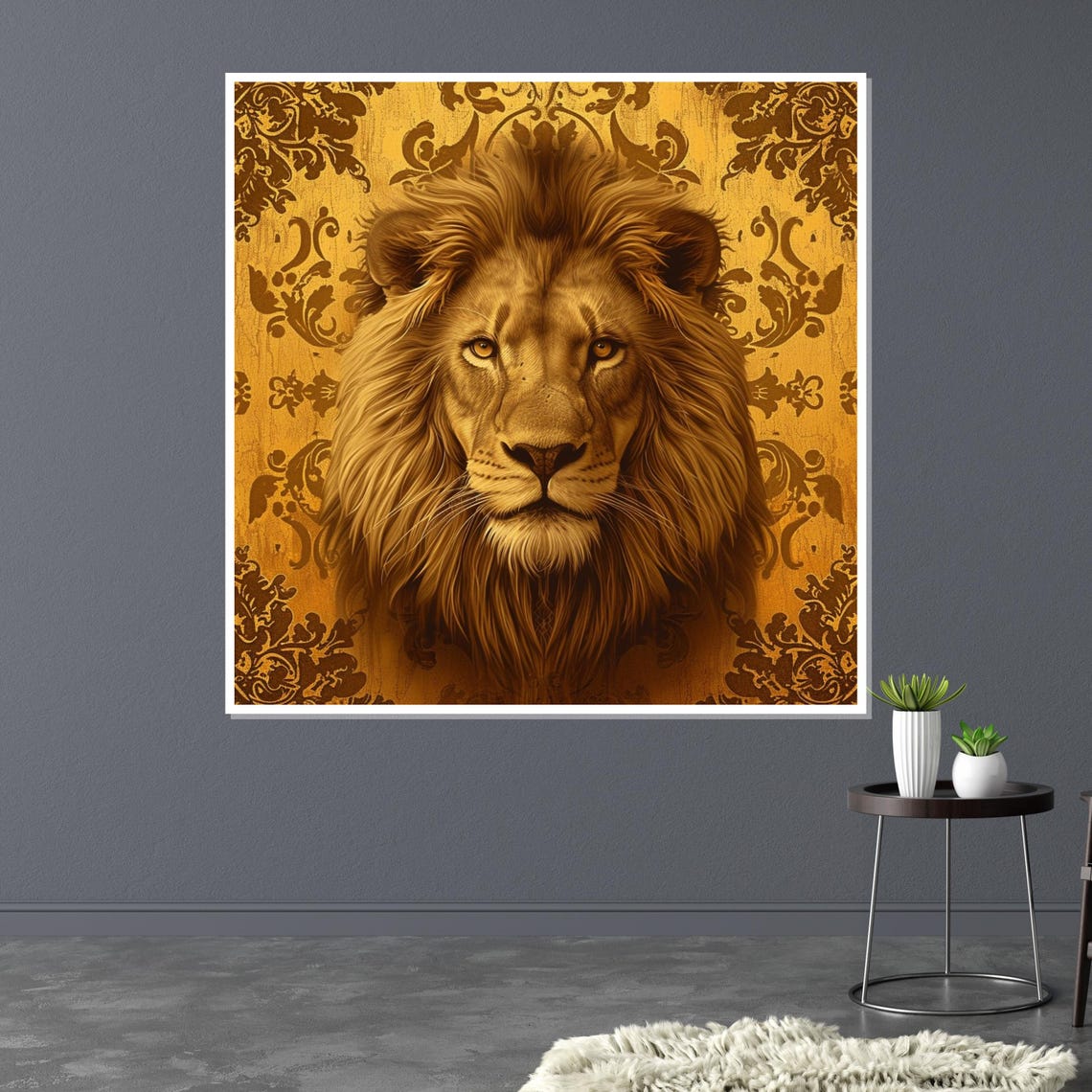 Golden Lion Portrait Ornate Damask Background Regal Art Poster - Image 3