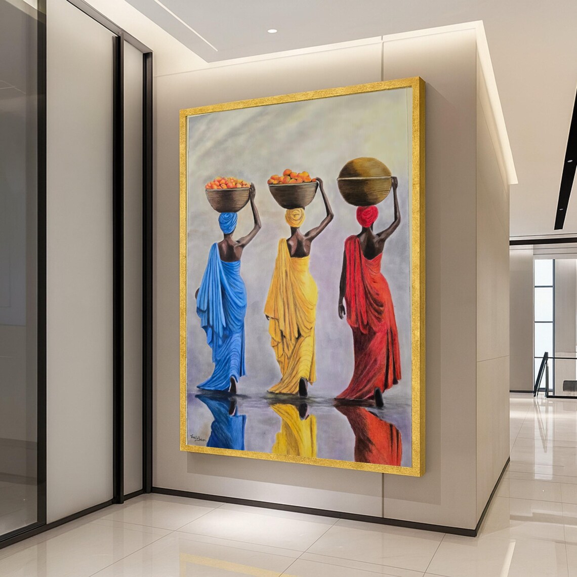 Three African Women Carrying Baskets Colorful Cultural Art Poster