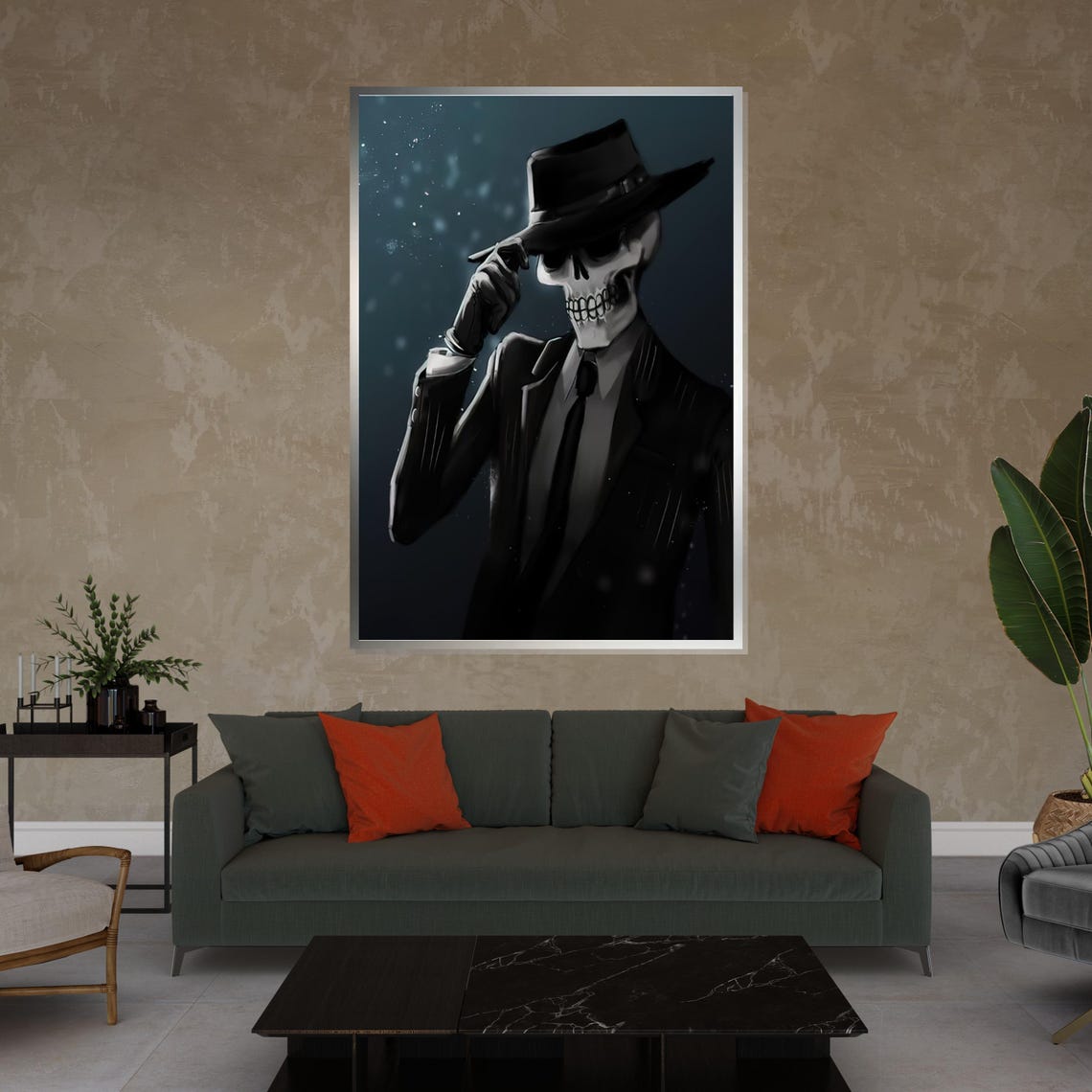 Mysterious Skeleton in Suit Tipping Fedora Night Scene Poster - Image 4