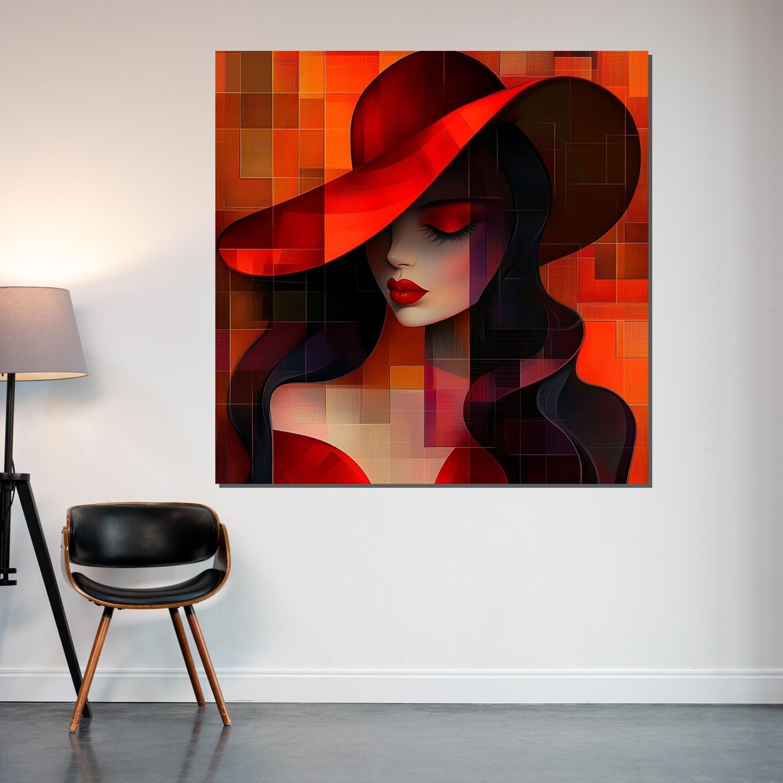 Woman In Red Hat On Fiery Mosaic Background Bold Abstract Poster - Image 2