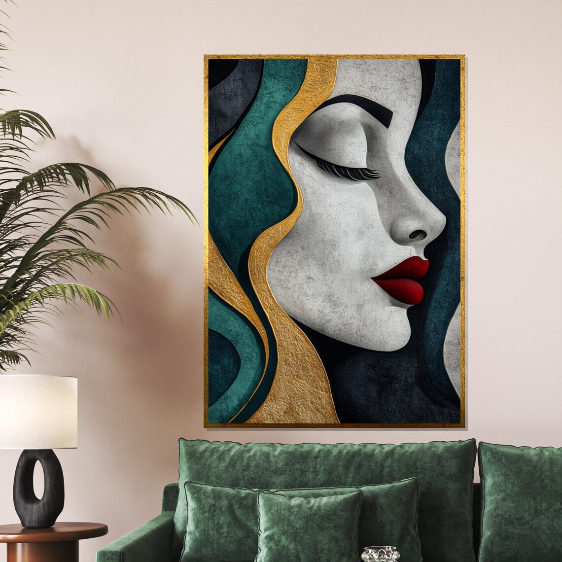 Textured Woman Portrait In Gold And Teal With Red Lips Artistic Poster - Image 5