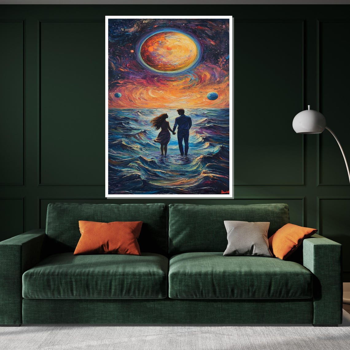 Lovers Walking Cosmic Ocean Giant Planet Surreal Romance Poster - Image 3