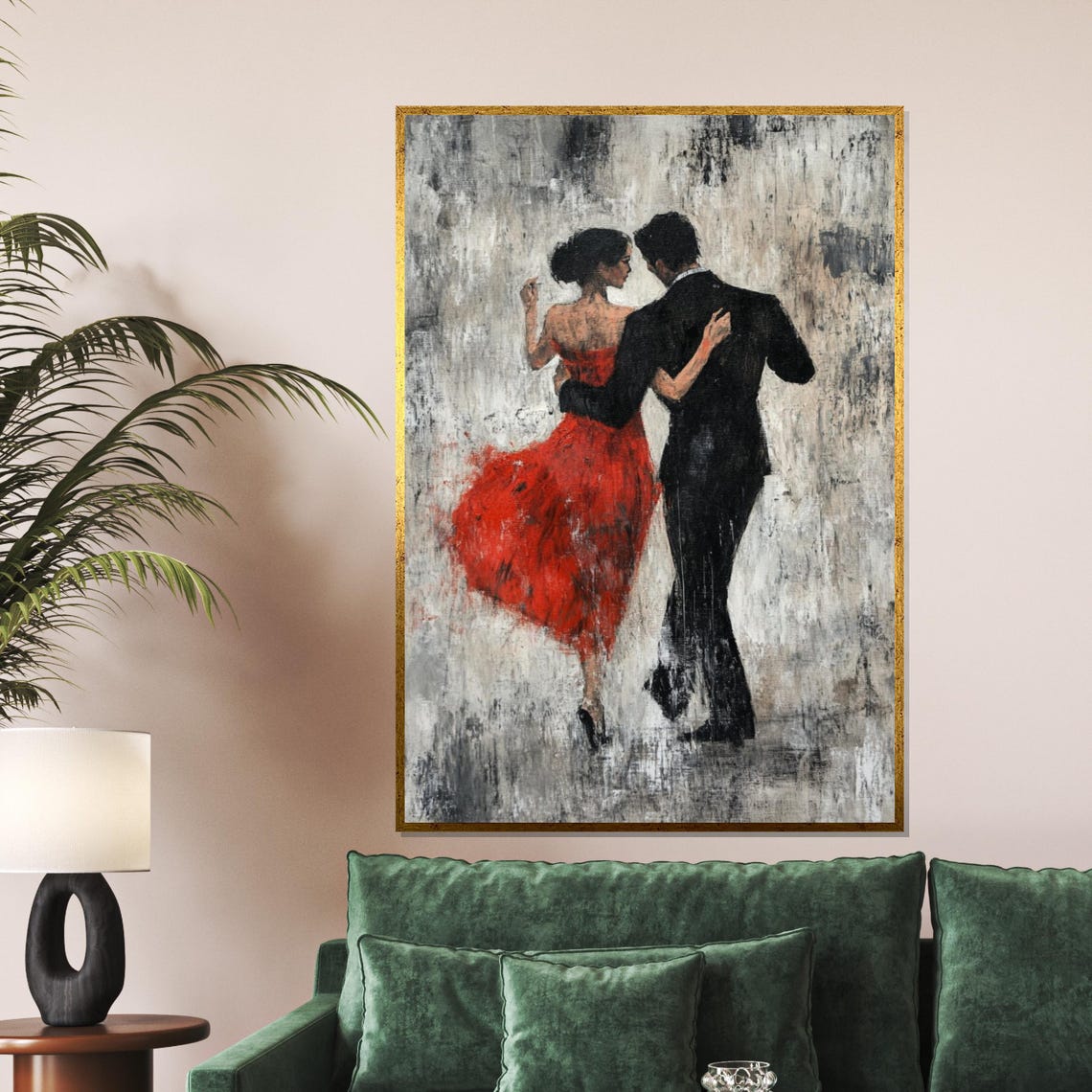Tango Couple Dancing from Behind Red Dress Monochrome Art Poster