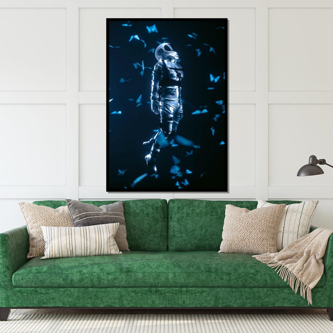 Silver Astronaut Floating Among Blue Butterflies Cosmic Dark Poster - Image 5