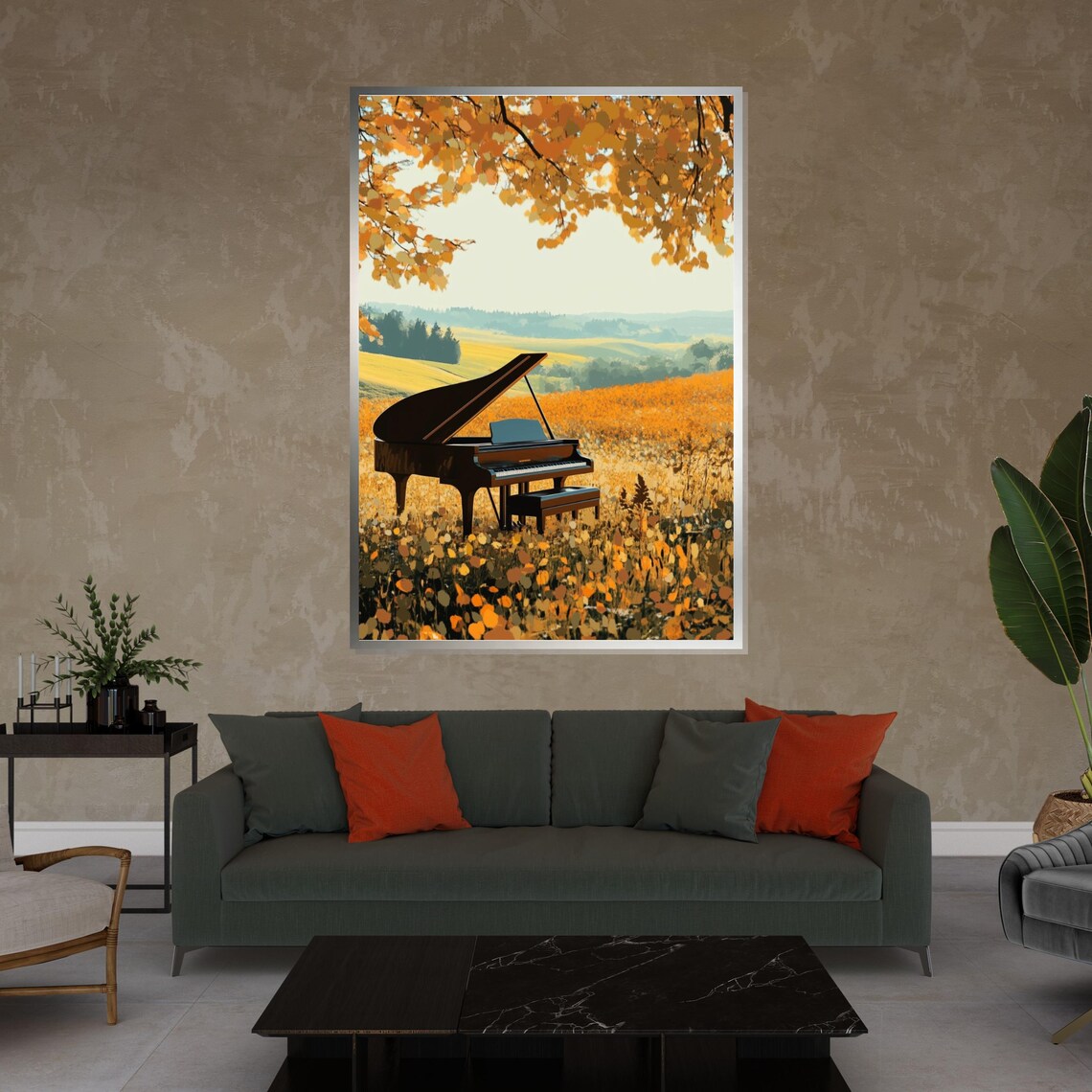 Grand Piano in a Golden Autumn Meadow Dreamy Landscape Art Poster - Image 4