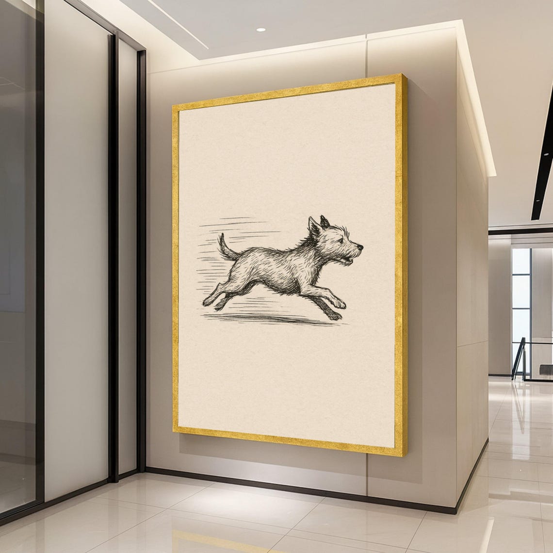 Happy Running Dog Sketch Minimalist Black and White Wall Art