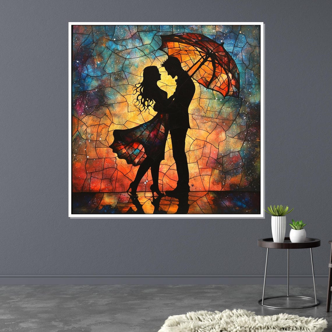 Romantic Couple Under Umbrella Vibrant Stained Glass Style Poster - Image 3
