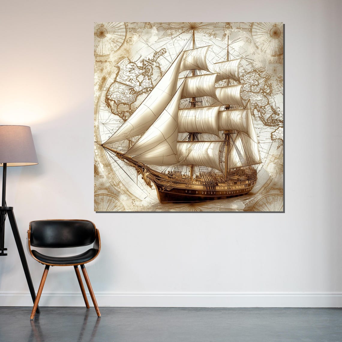 Vintage Sailing Ship Old World Map Sepia Nautical Historic Art Poster - Image 2