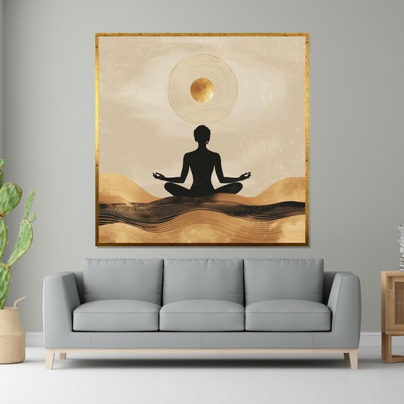 Meditating Silhouette Golden Dunes Sun Minimalist Art Poster