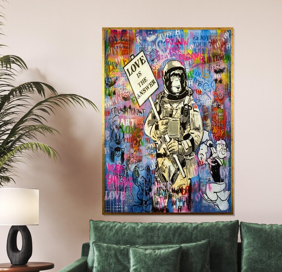 Astronaut Chimp Holding Love Is The Answer Sign Graffiti Pop Art Poster