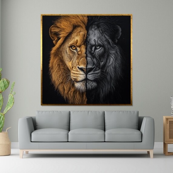 Split Lion Face Gold Black Dual Tone Bold Big Cat Art Poster