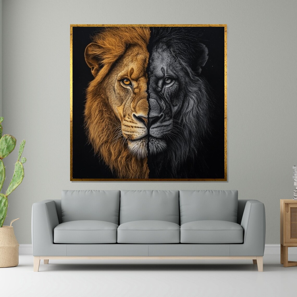 Split Lion Face Gold Black Dual Tone Bold Big Cat Art Poster