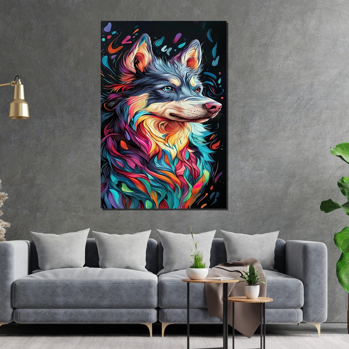 Colorful Wolf Portrait Neon Abstract Swirls Modern Canine Art Poster - Image 2