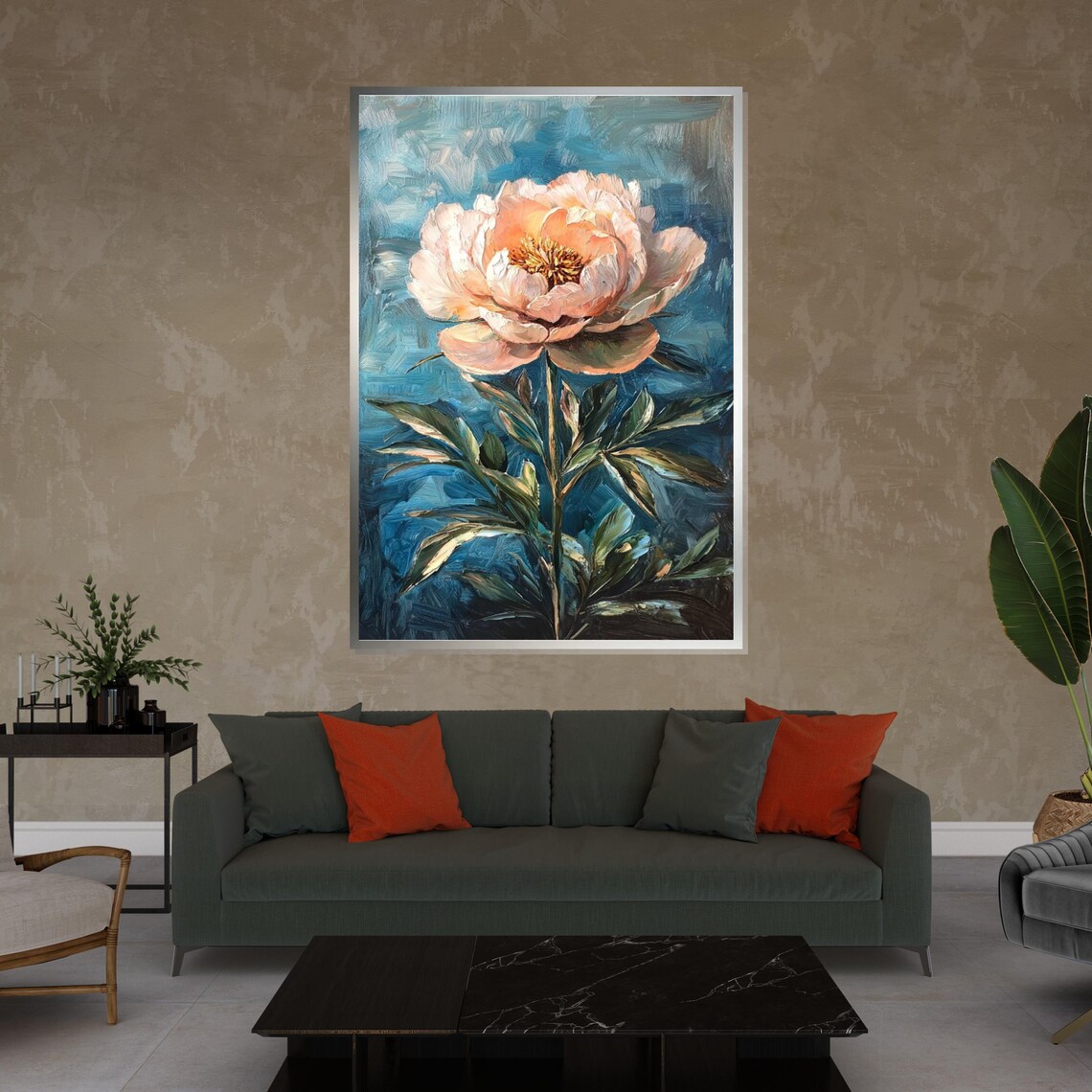 Blush Pink Peony Bloom On Teal Textured Oil Painting Floral Poster - Image 3