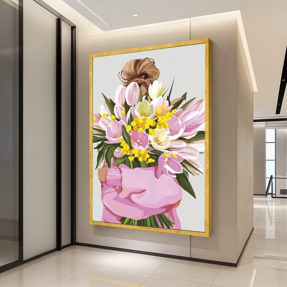 Woman Holding Tulip Bouquet Canvas Floral Wall Art Print Spring Flowers Decoration Pastel Color Home Living Room Ready To Hang