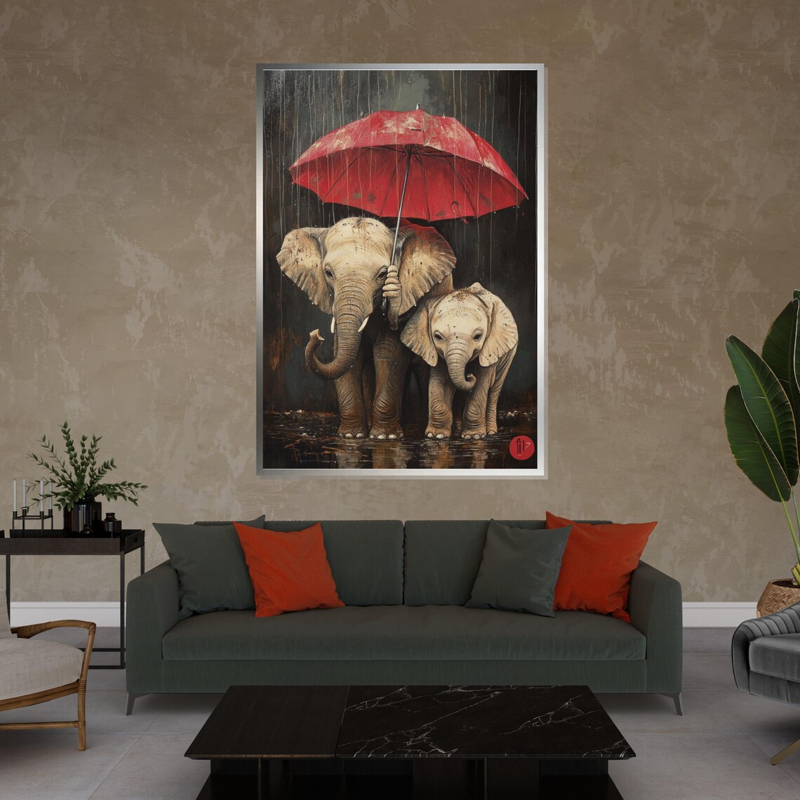Mother and Baby Elephant with Red Umbrella Rainy Day Art Poster - Image 4