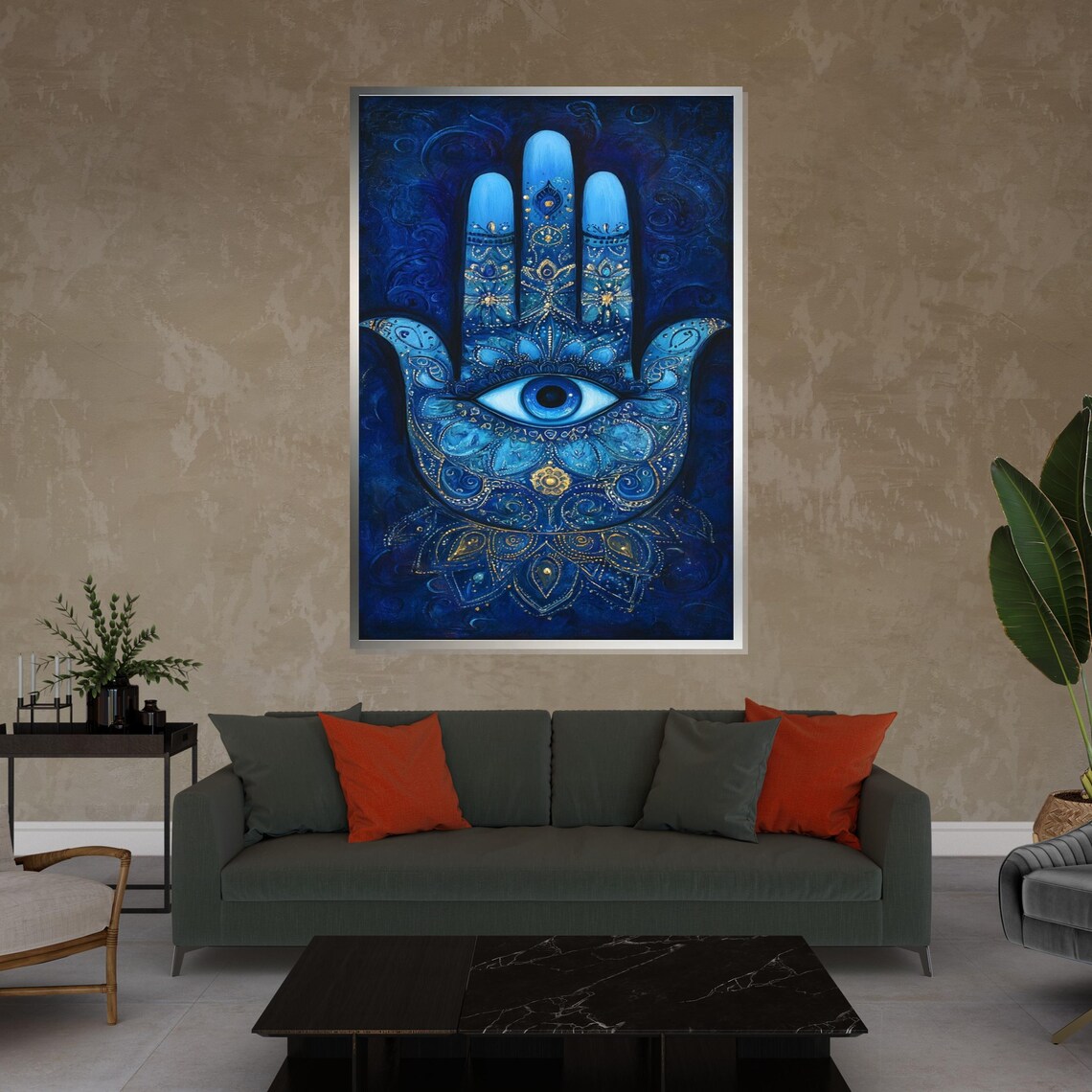 Blue Hamsa Hand Evil Eye Protection Sacred Spiritual Art Poster - Image 4