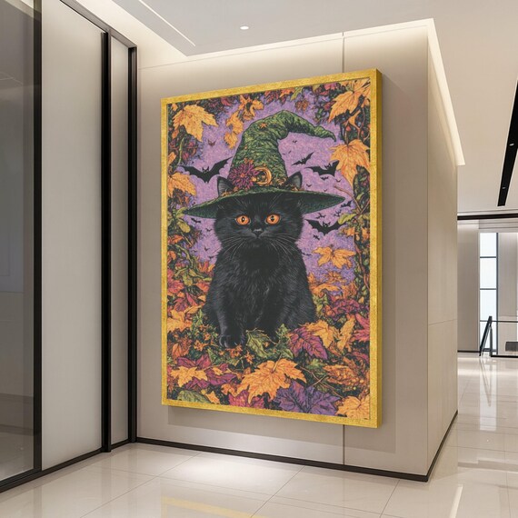 Black Cat With Witch Hat Canvas Halloween Wall Art Autumn Leaves Decor Spooky Fall Season Ready To Hang