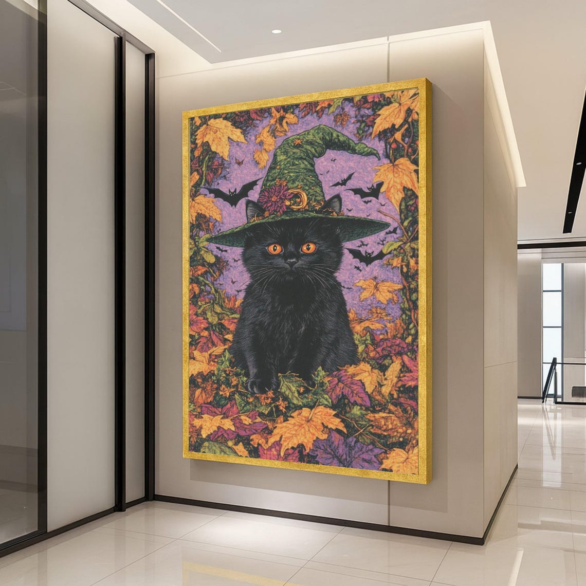 Black Cat Witch Hat Autumn Leaves Spooky Halloween Art Poster