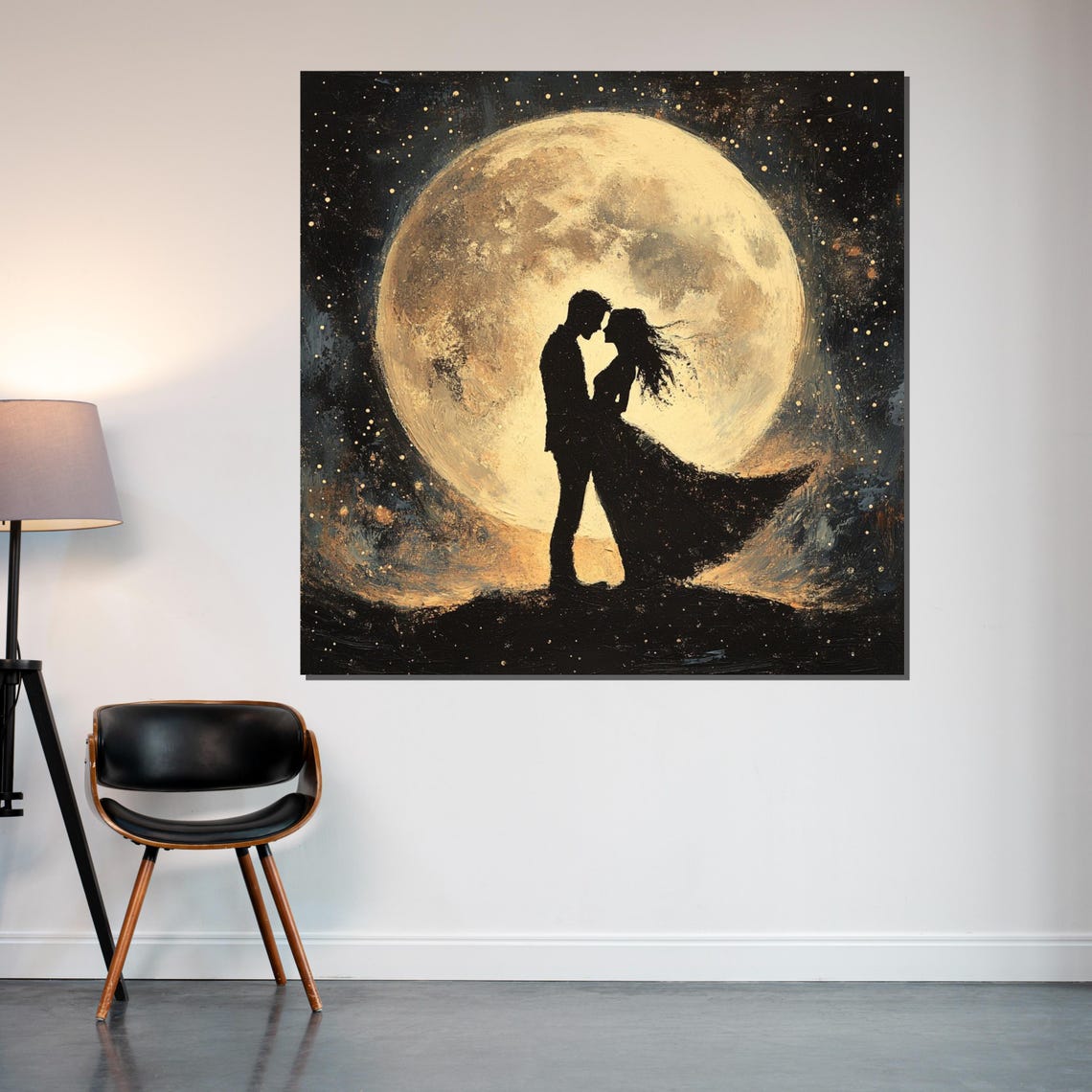 Romantic Lovers Kissing Before Giant Full Moon Starry Night Poster - Image 2