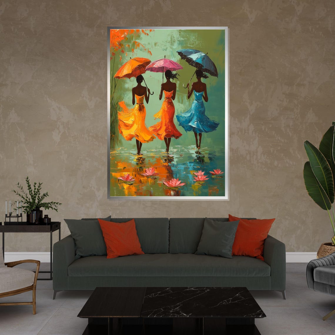 Three Women Colorful Umbrellas Lotus Water Strolling Rain Art Poster - Image 4