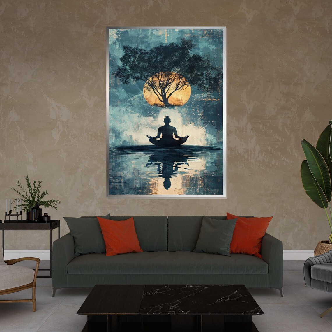 Moonlit Meditation Silhouette Tree and Lake Modern Yoga Art Poster - Image 4