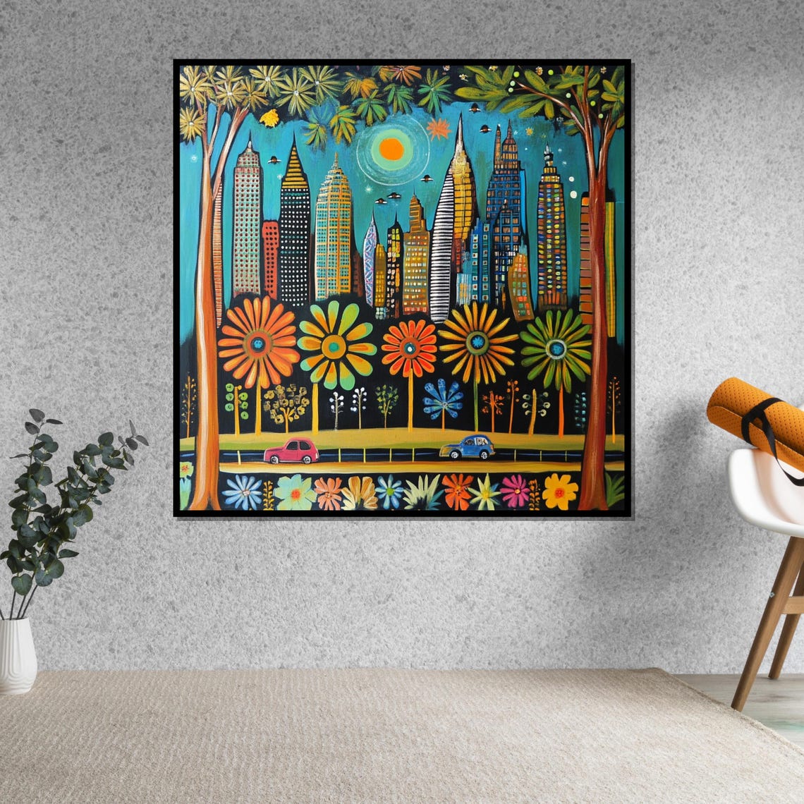 Whimsical Colorful City Skyline with Giant Flowers Modern Art Poster - Image 5