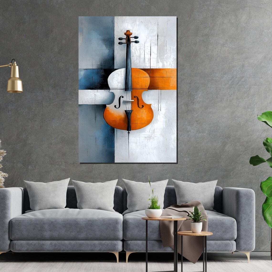 Abstract Cello Painting Blue Orange and White Modern Music Poster - Image 2