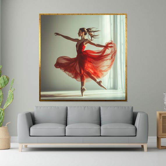 Graceful Dancer Ballerina In Red Dress Ballet Wall Art Dance Wall Art Design Ready To Hang Decoration