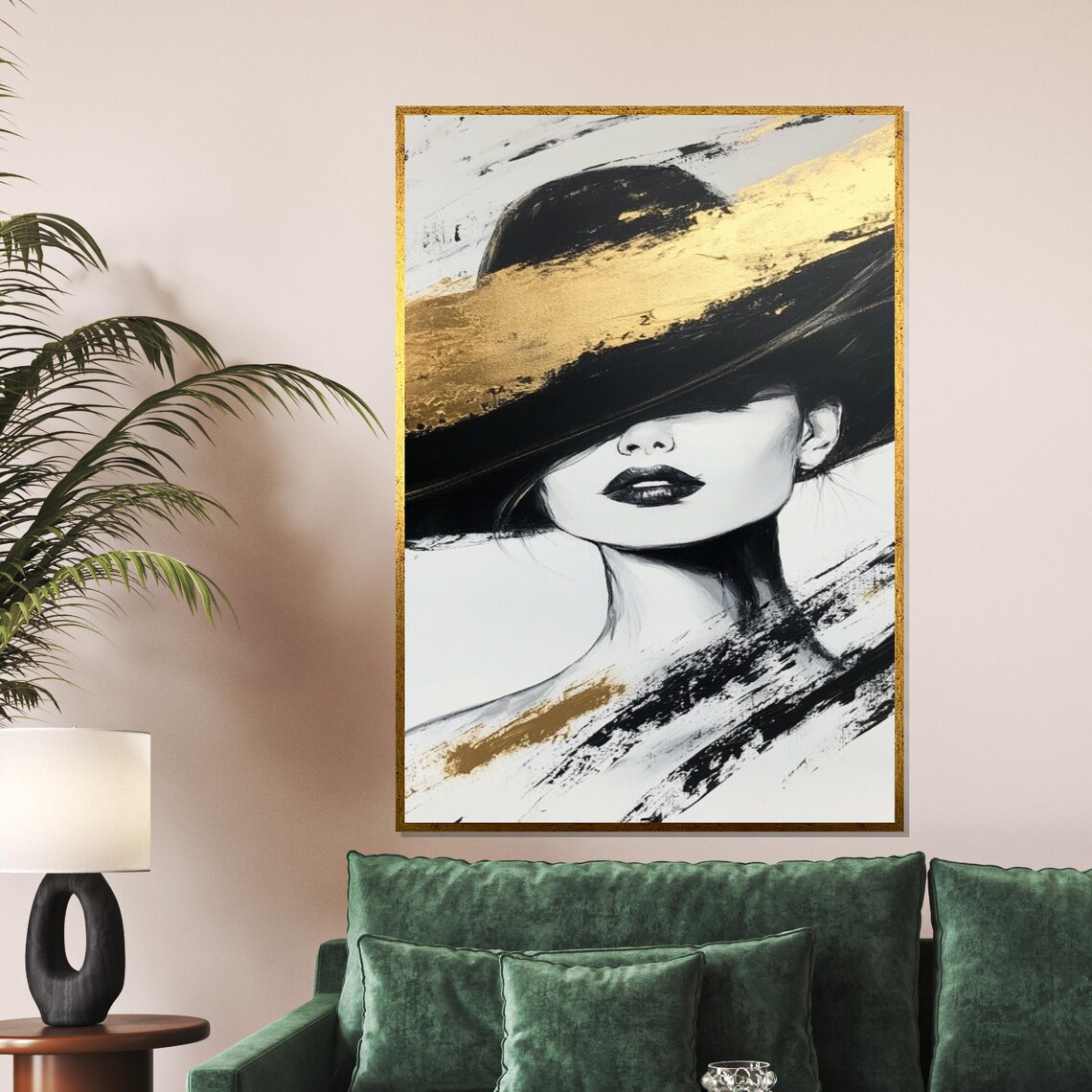 Mysterious Woman in Black Hat Gold Brushstroke Fashion Art Poster