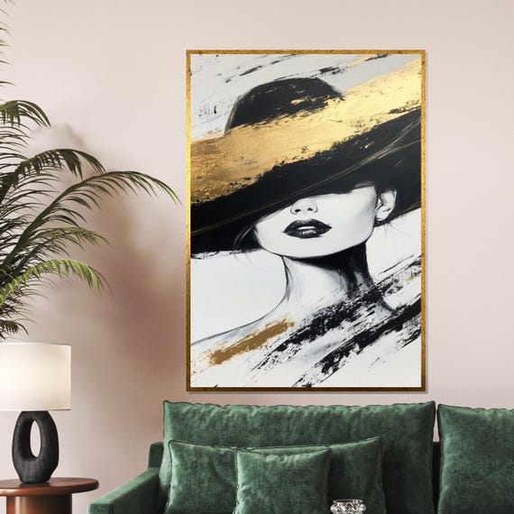Elegant Lady Art Fashion Wall Art Gold Hat Portrait Design Ready To Hang Modern Art Wall Decor Black And Gold Style