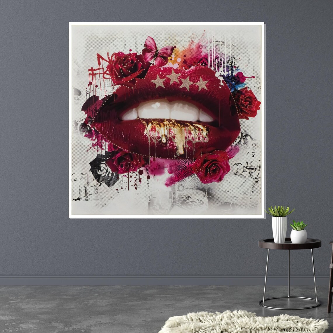 Red Lips Gold Teeth Roses Pop Art Glamorous Beauty Fashion Poster - Image 3