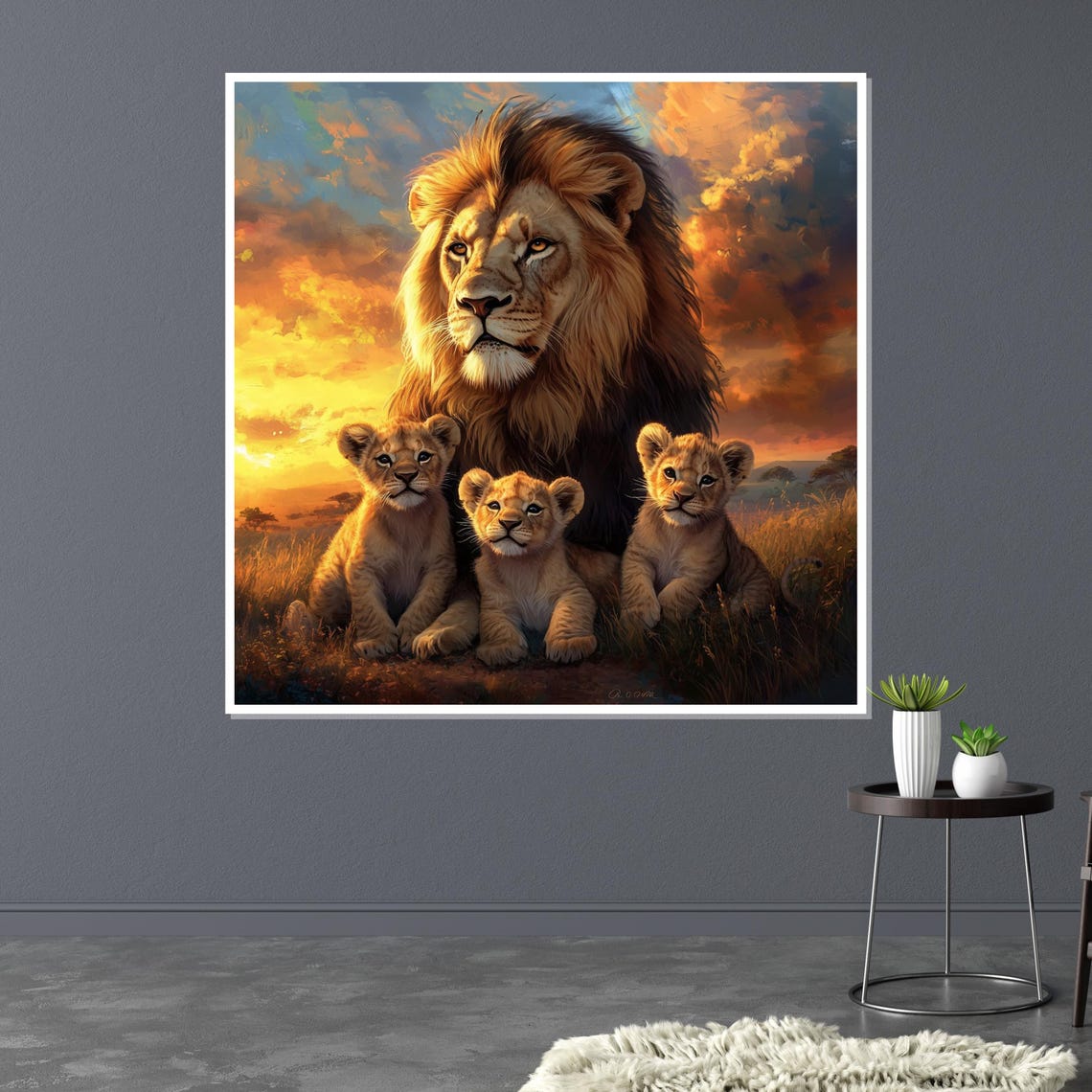 Lion Watching Over Three Cubs At Sunset Savannah Wildlife Art Poster - Image 3