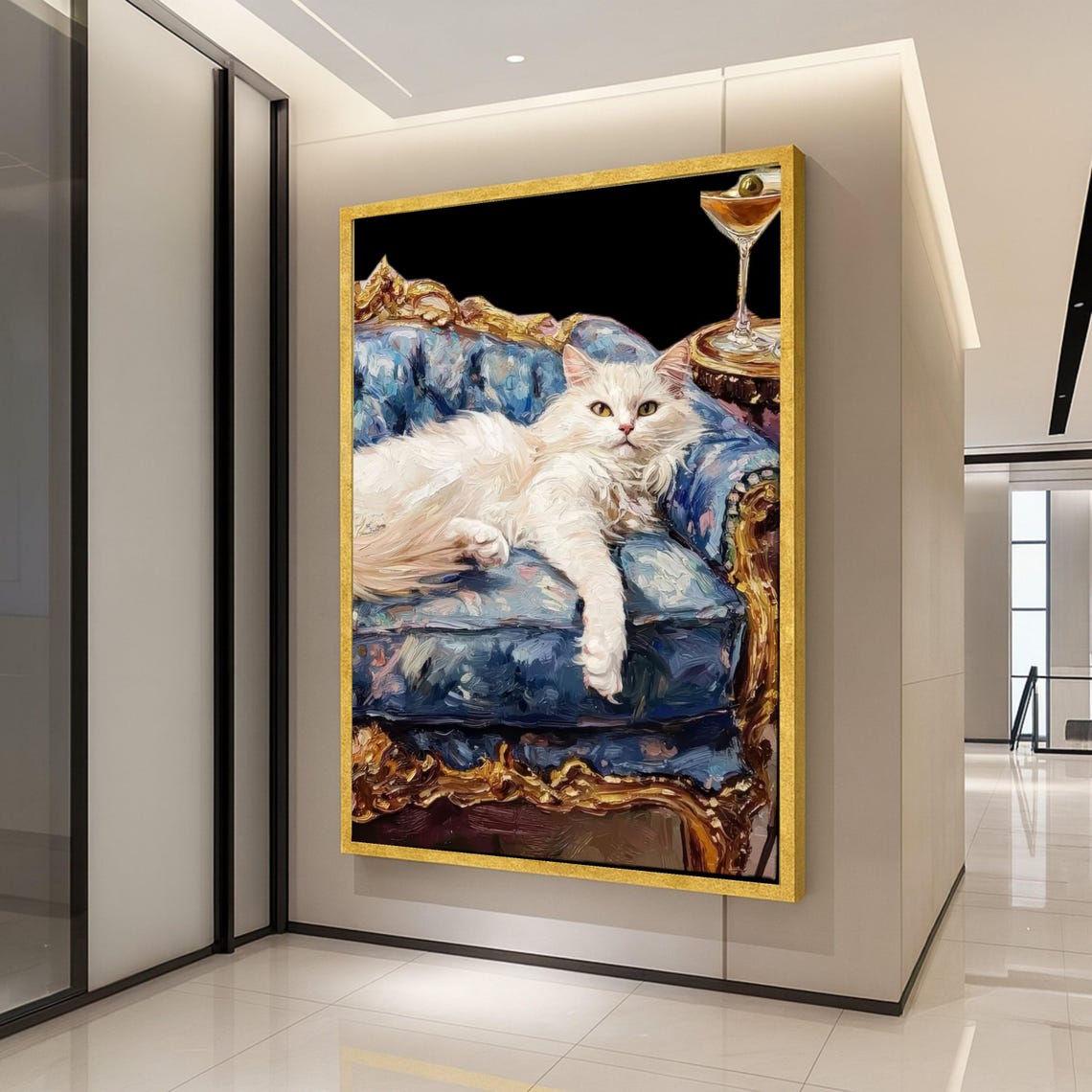 White Cat Royal Blue Couch Martini Luxury Pet Portrait Art Poster