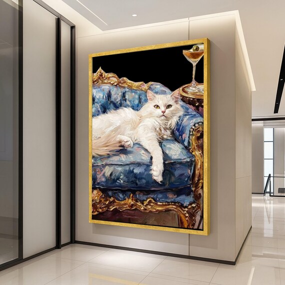White Cat On Royal Couch Canvas Print Luxury Pet Portrait Wall Decor Funny Art Ready To Hang Decoration