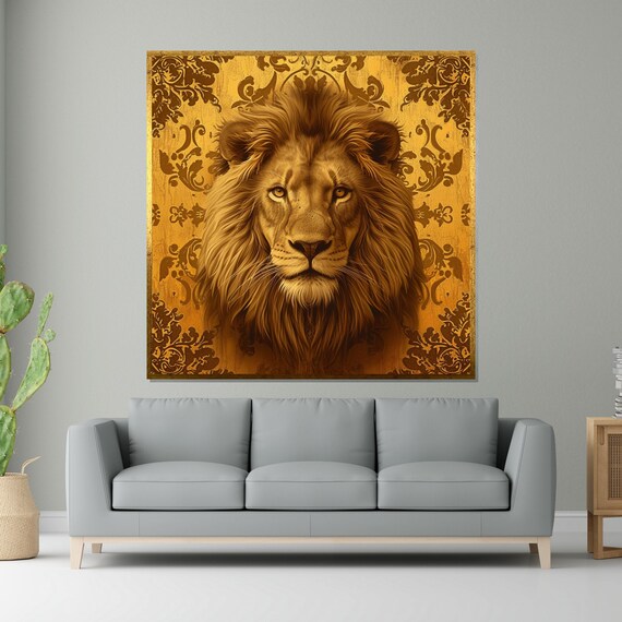 Golden Lion Portrait Ornate Damask Background Regal Art Poster